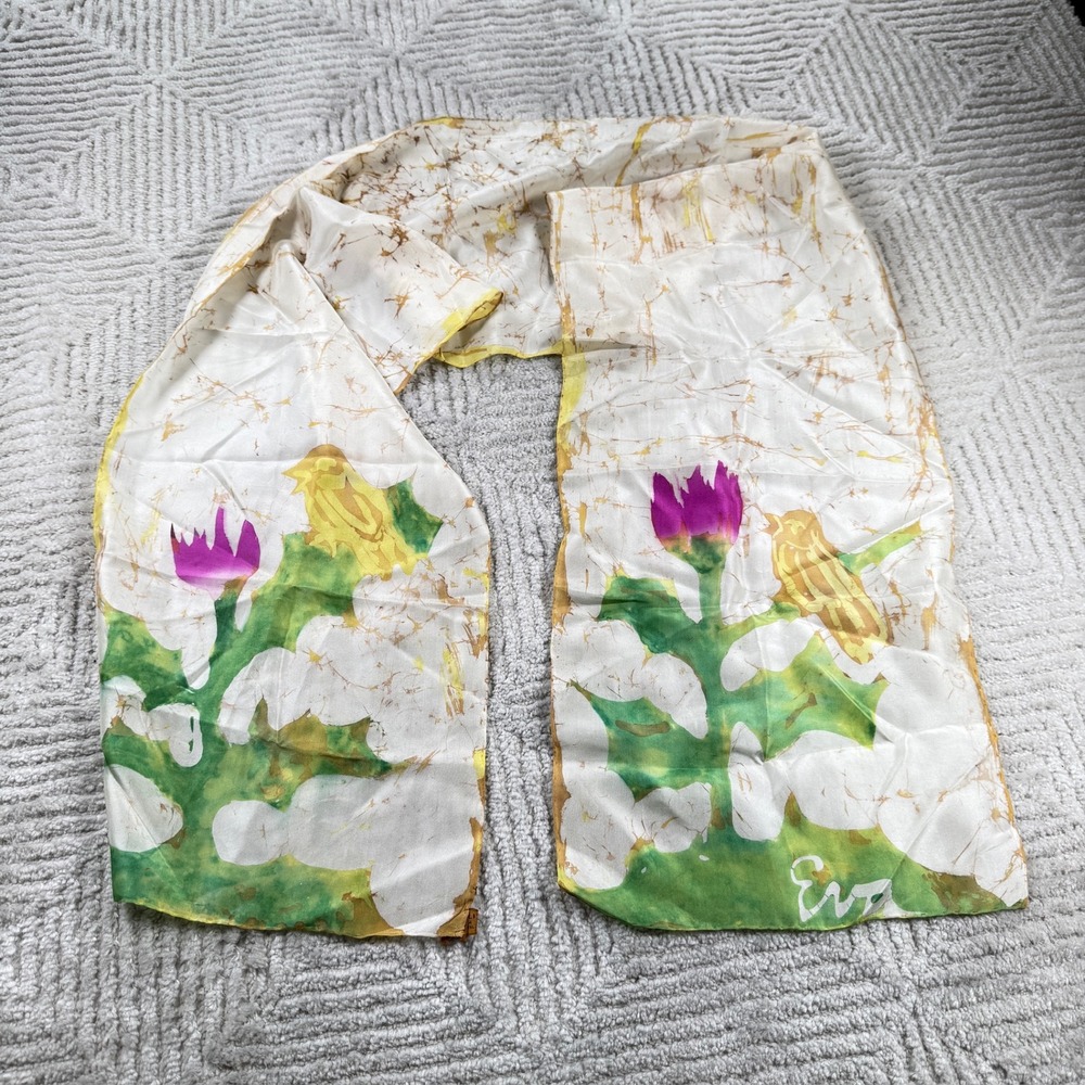 Eva Silk Scarf Bird Flower Batik Naturecore Art Art Deco Cottagecore Boho VTG